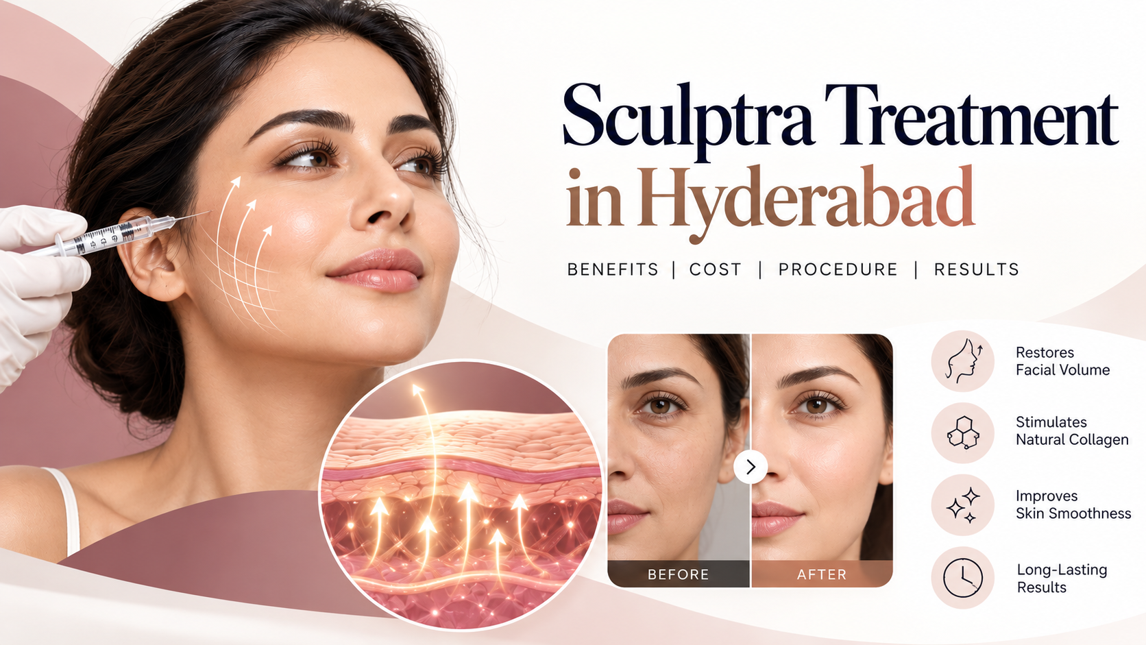 Sculptra treatment in Hyderabad featuring facial rejuvenation, collagen stimulation, and a before-and-after skin comparison.